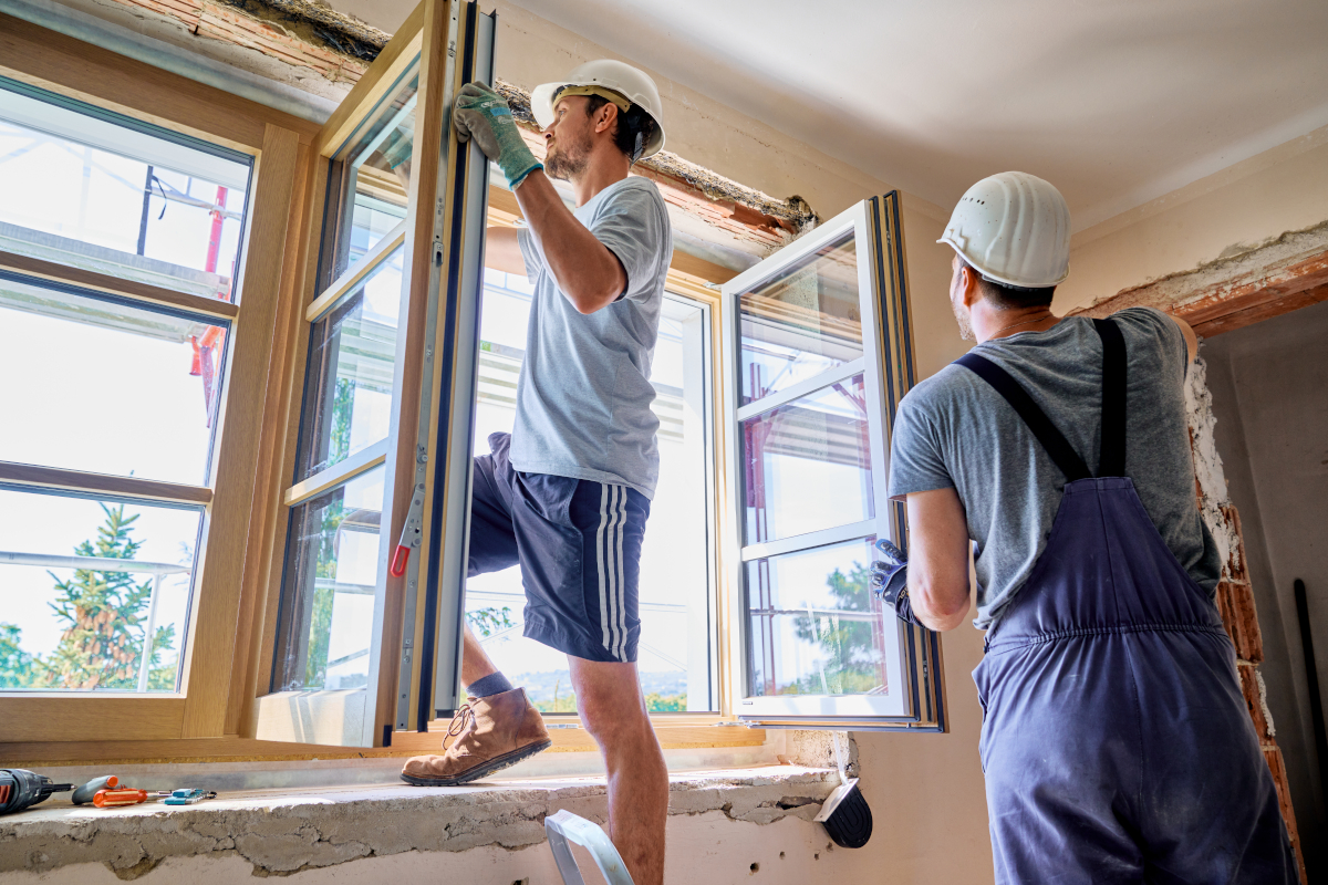 Zwei Bauarbeiter tauschen ein fenster in einem Einfamilienhaus. Einer der Bauarbeiter steht dabei auf einem Vorsprung und hält eine Fensterhälfte in der Hand.